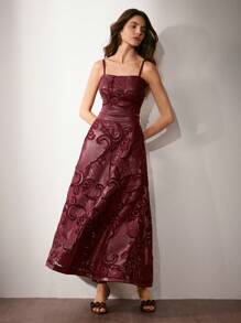 Anewsta Falda midi elegante de cintura alta en A con bordado de PU, burdeos