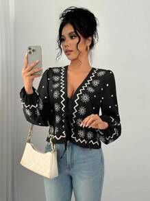 Chiquease Deep V Neck Front Button Tie-Up Symmetric Print Long Sleeve Blouse, Suitable For Spring And Autumn Women Shirt - Black - View 1