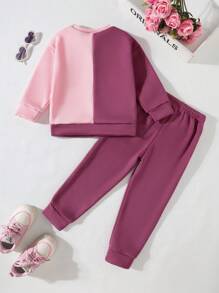 Chica Joven Pantalones deportivos con sudadera de dos tonos con estampado de letra con forro térmico - Multicolor - Ver 2