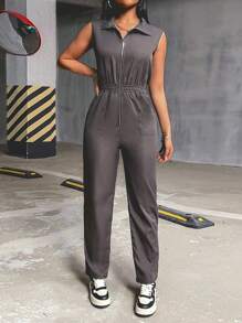 INAWLY 女士前拉链无袖简约休闲翻领抽绳连体裤 - 灰色 - 查看 6