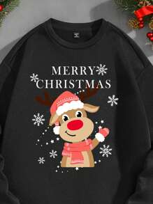 Manfinity Homme Manfinity 圣诞雪花与驯鹿家庭印花圆领标准版型休闲男式黑色运动衫 - 黑色 - 查看 3