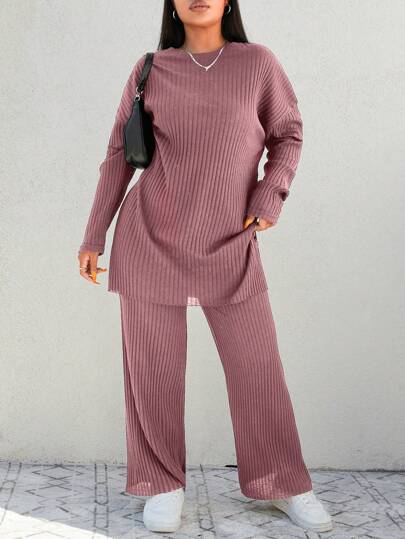 EURMUSE 2pcs Women Plus Size Casual Solid Color Round Neck Dropped Shoulder Long Sleeve Top & Pants Set, Autumn