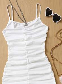 SHEIN Girlism Teen Girl Solid Pleated Simple Dress - White - View 4