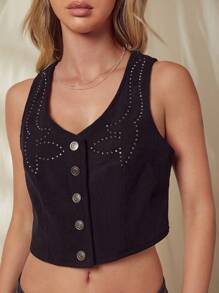 WESTFADE Spring Corduroy Studded Embellished Tank Top Button Front Cropped Western Nashville Outfits