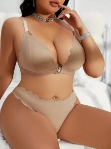 2 Pieces Plus Size Wireless Front Close Seamless Wave Edge Bra & Panty Set - Camel - View 4