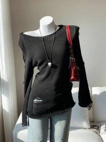 SHEIN EZwear Áo len dệt kim rộng rãi, rách rưới, màu đen, mùa thu/đông cho nữ - màu đen - Xem 7