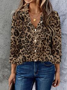 EMERY ROSE Women's Leopard Print Vintage Button-Up Long Sleeve Shirt, Suitable For Autumn And Winter