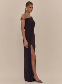 MUSERA 不对称领口开衩大腿长裙，适合度假、舞会、毕业典礼、婚礼宾客等场合，优雅的伊比沙岛假日海滩秋季夜游婚礼宾客，优雅的约会之夜，圣诞节、万圣节、秋季、冬季派对时尚之选 - 巧克力棕 - 查看 2