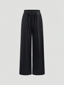 Sweetra Women's Casual Simple Versatile Black High-Quality PU Low-Waist Straight Loose Pants, Autumn/Winter - Black - View 1