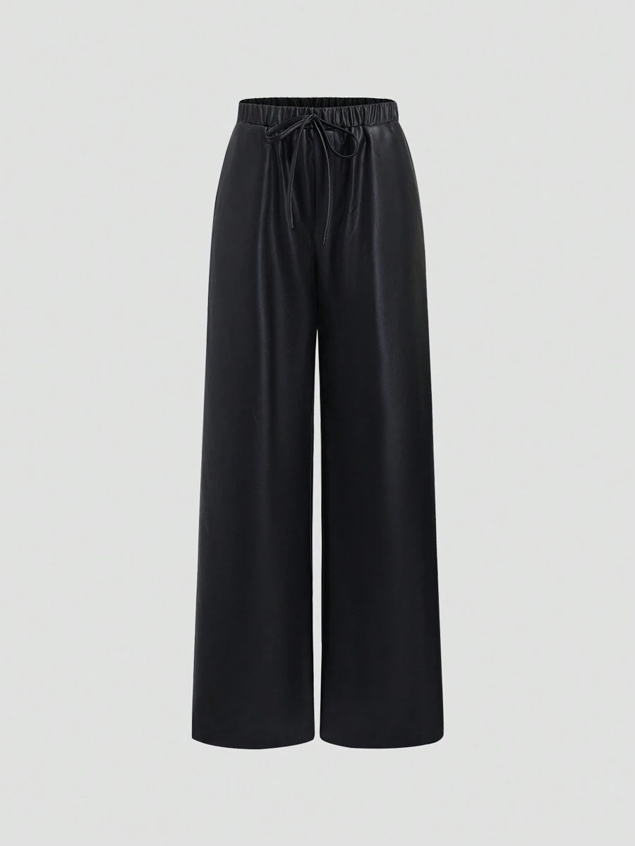 Sweetra Women's Casual Simple Versatile Black High-Quality PU Low-Waist Straight Loose Pants, Autumn/Winter - Black - View 1