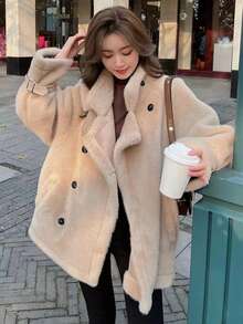 Eilly Bazar Women's Casual Solid Color Double-Breasted Faux Fur Coat, Autumn/Winter - Khaki - View 4