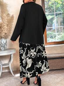 Plus Size Woven Solid Color & Iris Flower Print Patchwork A-Line V-Neck Loose Long Sleeve Dress Maxi Women Outfit