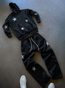 PAVTROS 男士休闲星星印花连帽运动衫和运动裤套装，秋季