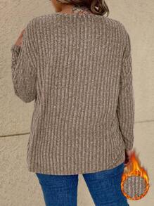 SHEIN Plus Size Crew Neck Long Sleeve Ribbed Minimalist T-Shirt, Casual Daily Wear