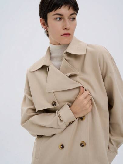 Aalyst 女士休闲优雅简约棉质立领风衣，双排扣，防风袖口，长袖，口袋，宽松版型，杏色，适合外出、工作、秋冬