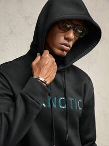 AKNOTIC Men's Black Autumn Graphic Streetwear Holiday Hoodie,Sequin Embroidered Letter Loose Fit Drop Shoulder Long Sleeve Sweatshirt,Casual Party Gift - Black - View 1