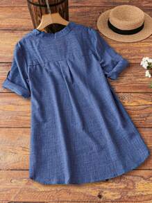 SHEIN CURVE+ Plus Size Casual Simple Notched Neck Roll-Up Sleeve Shirt Fall Cloth For Women - Blue - View 2