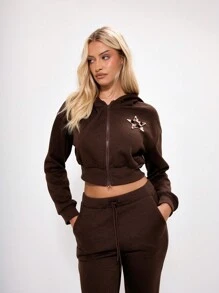 MUSERA Star Patched Cropped Zip Up Hooded Sweatshirt Graphic - Brown - View 1