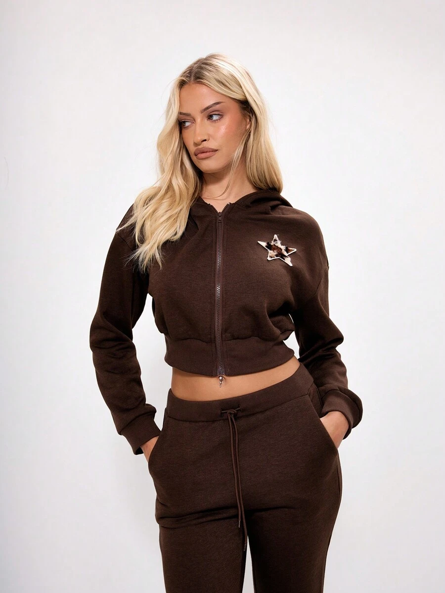 MUSERA Star Patched Cropped Zip Up Hooded Sweatshirt Graphic - Brown - View 1