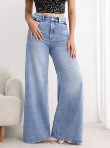 EMERY ROSE Women's Button Front Pocket Casual Loose Wide Leg Jeans - Light Wash - View 5