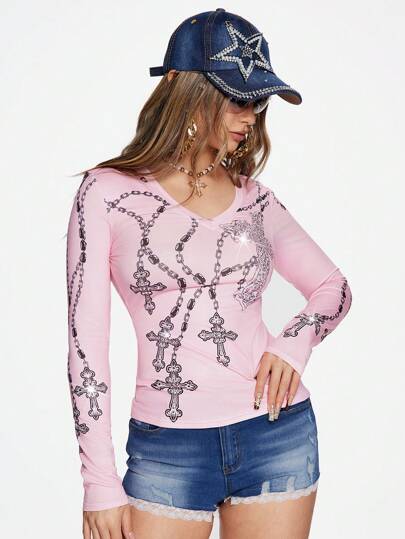 J-Fashion T-shirt rose pour femmes avec imprimé chaînes croisées, style Harajuku, sous-culture Y2K