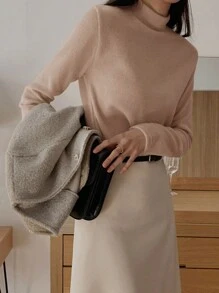 DAZY Women Stand Collar Long Sleeve Solid Color Casual T-Shirt, Fashionable And Suitable For Daily Wear