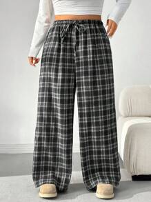 SHEIN EZwear Plus Size Cotton Drawstring Vintage Plaid Pants, Autumn & Winter