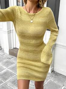 INAWLY Women Solid Backless Long Sleeve Knitted Sweater Dress - Yellow - View 4