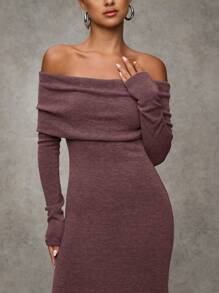 SHEIN BAE 女士优雅灰色露肩修身长款秋季连衣裙，优雅女士连衣裙，秋季婚礼宾客连衣裙