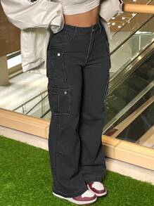 Stylish Vintage Chic Y2K Cargo Pants - High-Waisted, Wide-Leg, Pocketed, Comfortable, Casual, Street-Stylish Denim Trousers For The Curvaceous Woman