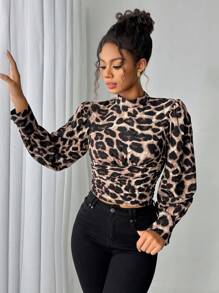 Chiquease Dames Stand Collar Lange Mouw Luipaard Print Casual Shirt