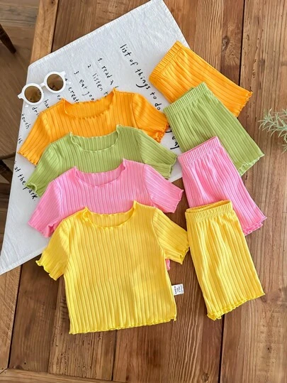 SHEIN LMoss Kids 8 件套女婴夏季可爱纯色针织短袖上衣和松紧腰短裤