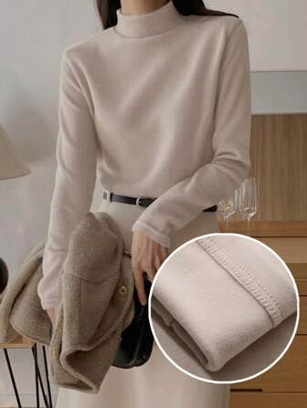 DAZY Women's Casual Solid Color Stand Collar Fleece T-Shirt, Autumn/Winter Long Sleeve Women Tops Turtleneck Women