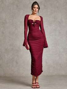 SHEIN BAE Vestido de fiesta de manga larga con diseño hueco elegante para invierno y Navidad, color rojo vino, adecuado para citas románticas, eventos formales y fiestas