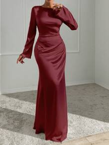 EURMUSE Women's Solid Color Crew Neck Long Sleeve Simple Casual Dress - Burgundy - View 4