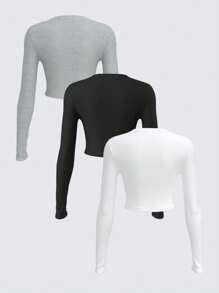 SHEIN BASICS 3 件套女士休闲针织圆领长袖短款修身 T 恤，舒适别致，日常通勤，修身百搭 - 彩色 - 查看 2