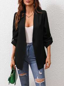 Chiquease Roll Tab Sleeve Open Front Blazer Fall Cloth For Women