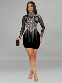 Women's Party Mesh Rhinestone Fringe Sheer Short Cocktail Dress With Stand Collar Long Sleeves High Stretch Pencil Hem,Fall Dresses For Women,Winter,Christmas Women's Clothing,New Year Women's Clothes,Elegant Dresses For Party,Prom Dress,Black,Red,Blue - Black - View 1