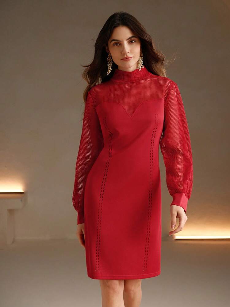 Women's Knit Hollow-Out Jacquard Elegant Unique Design Dress Burgundy Color Women Outfit