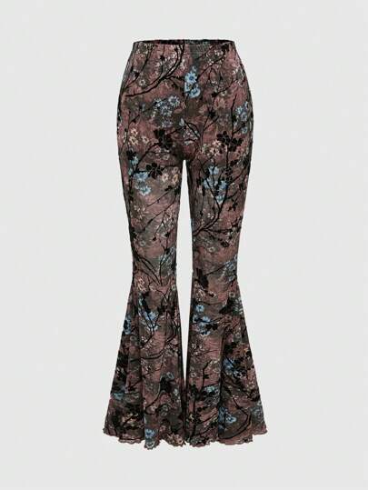 Hippie Pantalones de pierna acampanada con estampado de flores y detalles minimalistas, para uso casual diario