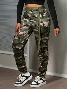 Slaydiva Elegant Casual Holiday New Year Valentine's Day Street/Streetwear Style For Women/Gyaru, Base Camo Print Skinny Cargo Pants - Green - View 7