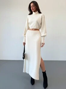 Aloruh Damen Set bestehend aus Fledermausärmel Crop Loose Pullover mit Stehkragen und hochgeschlitztem hochtailliertem H-förmigem Saum Rock - Aprikosenfarben - Übersicht 5