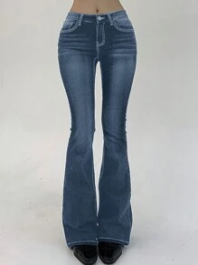 DAZY Jeans longs en denim évasé taille basse et coupe slim pour femmes