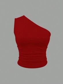 INAWLY Women's Solid Color Asymmetrical Neck Sleeveless Simple Top, Casual Everyday - Red - View 3