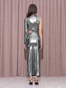 KHELA THE LABEL Designer Women's Silver Stand Collar Waist Hollow Y3K Long Sleeve Ruched Party Dress, Birthday Outfits, Spring, Festival, Prom Dress, Graduation Dress, Women Summer Dresses