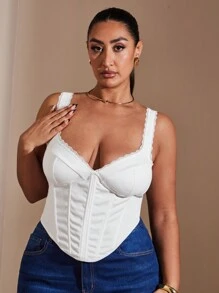 SHEIN BAE 加大码秋季甜美性感优雅女士黑色蕾丝花边领口鱼骨束身衣派对上衣工作上衣