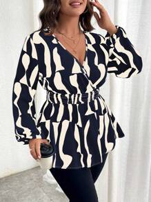 Celure Long Sleeve Wrap Collar Criss-Cross Umbrella Hem Geometric Print Shirt Peplum Top