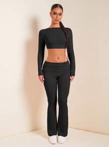 SHEIN SXY 2 piezas Conjunto de top casual de manga larga y cuello redondo de color liso, y pantalones para mujer