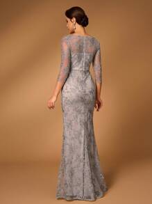 SHEIN Belle 优雅奢华刺绣蕾丝透视长袖 V 领美人鱼连衣裙适合婚礼、单身派对、度假、正式场合、新娘母亲礼服晚礼服 - 淺灰色 - 查看 3
