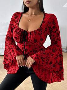 Flirla Plus Size Women Flared Sleeve Tie-Up Ruched Mesh Flocked Fitted Knee-Length Party T-Shirt - Multicolor - View 3